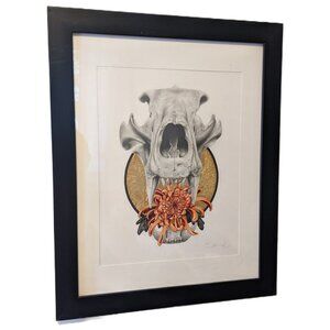 Handmade Original Artwork 8" x 10" Framed Skull Drawing Gold Leaf Pencil Art